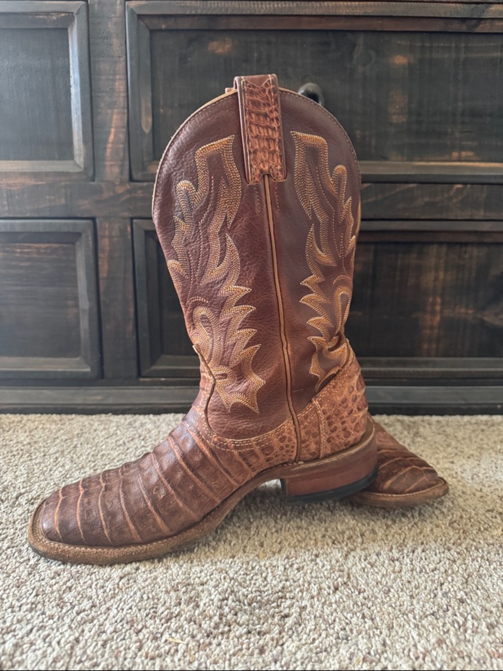 Boulet Men's Brown Exotic Caiman Belly Leather Boots